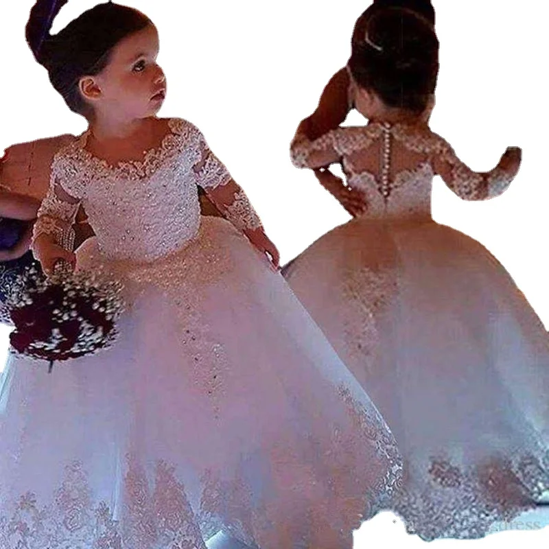 Vestidos florais brancos para casamentos, renda de princesa de tule, meia manga, vestidos de primeira comunhão, roupas de festa para crianças