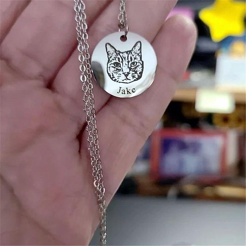 Personalized Pet Photo Disc Necklace For Women Tiny Cat dog Name Pendant Necklaces Custom Animal 316L Stainless Steel Jewelry