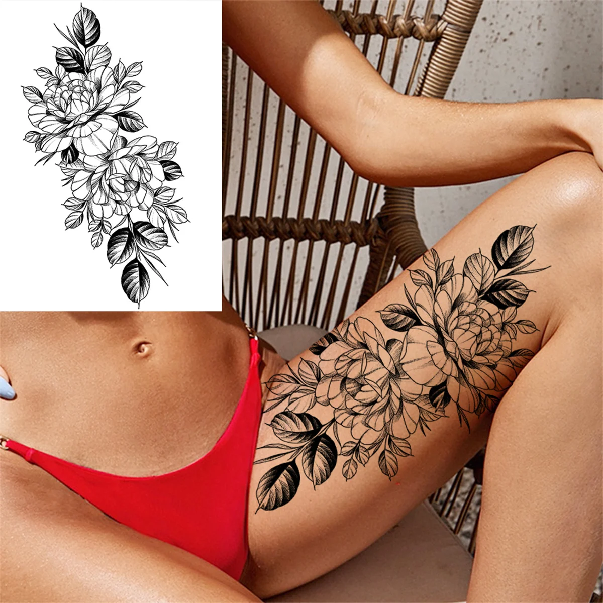 Anhänger Blume Temporäre Tattoos Für Frauen Erwachsene Gefälschte Schmuck Tattoo Aufkleber Pfingstrose Schwarz Henna Mond Große Oberschenkel Tatoo Wasserdicht