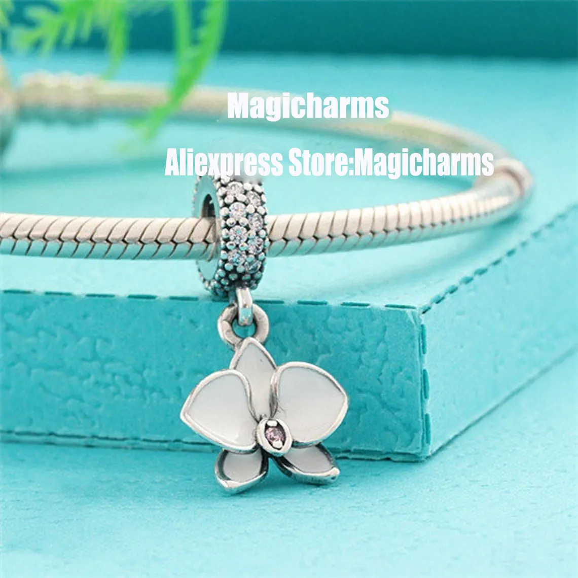 925 Sterling Silver Orchid Charm with White Enamel Charm Bead Fits All European Pandora Bracelets Necklaces