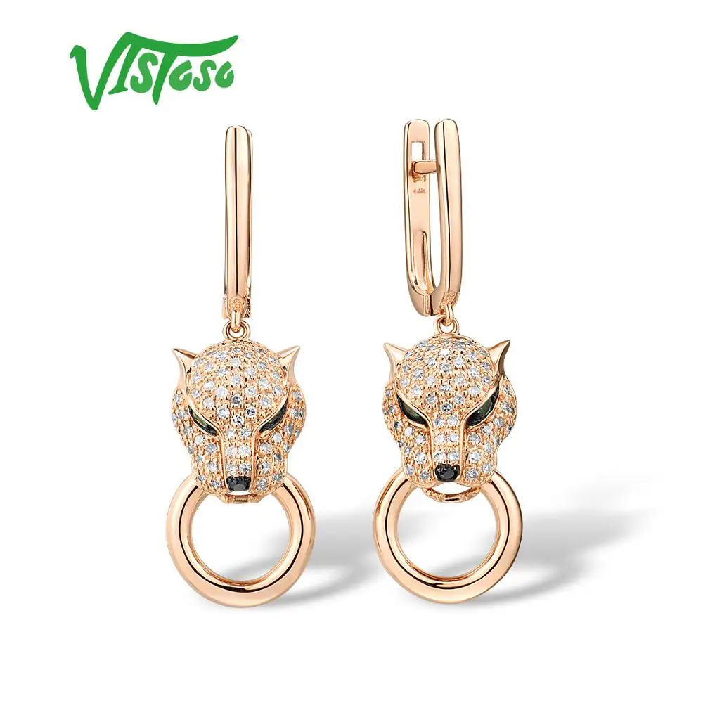 VISTOSO Gold Earrings For Women Genuine 14K 585 Rose Gold Leopard Earrings Emerald Sparkling Diamond Engagement Fine Jewelry