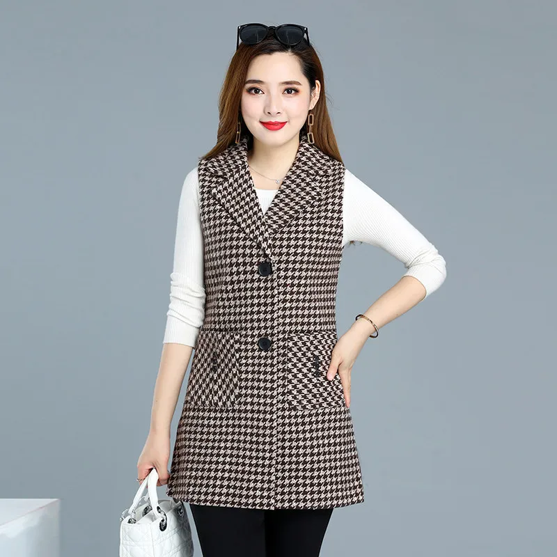 UHYTGF Sleeveless Women Jacket Single-Breasted Spring Autumn Vest Coat Fashion Plaid Casual Female 5XL Loose Size Waistcoat 1253