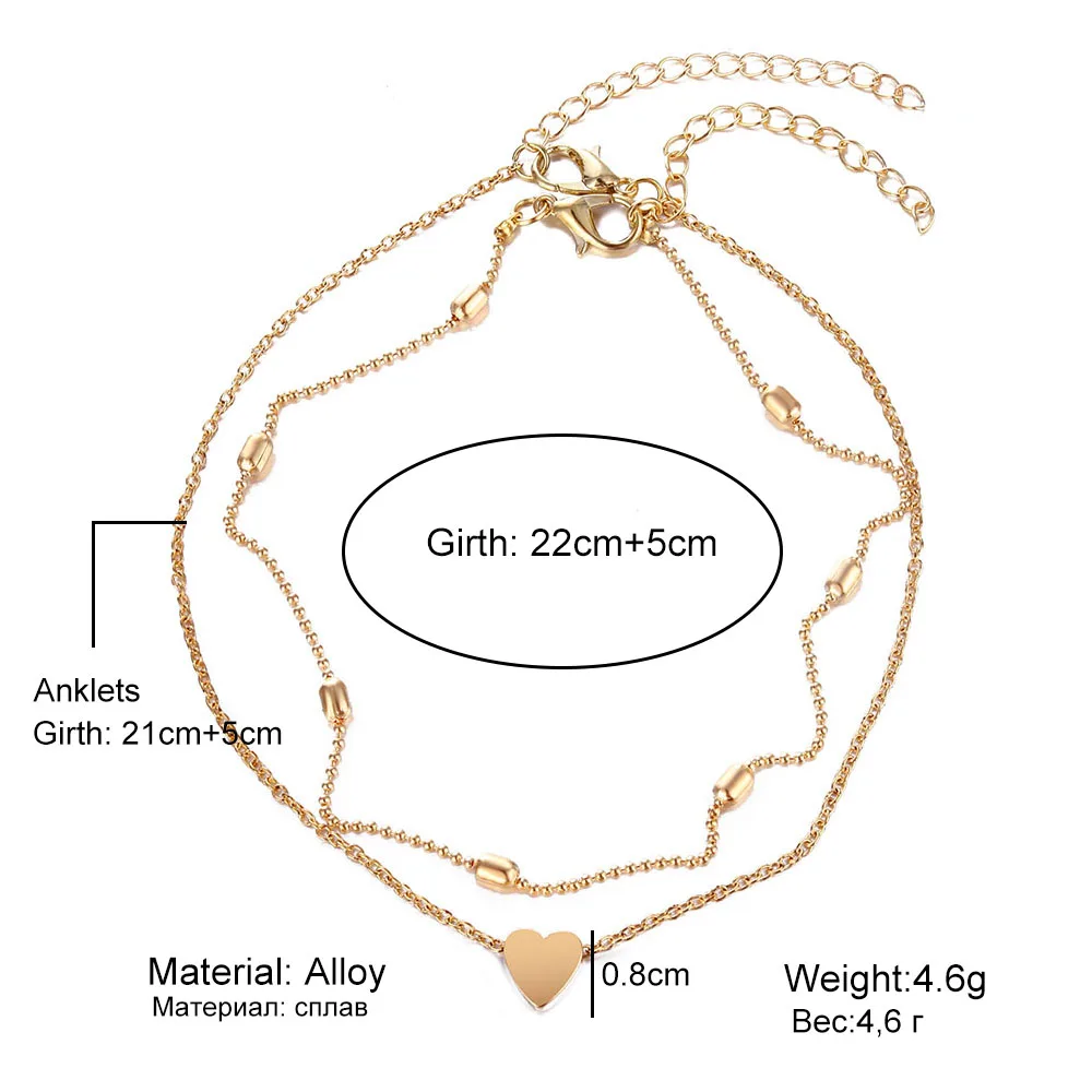 KINFOLK Simple Multilayer Heart Beads Anklets For Women Girls Gold Color Alloy Love Pendant Foot Chain Cahrm Jewelry Female Gift