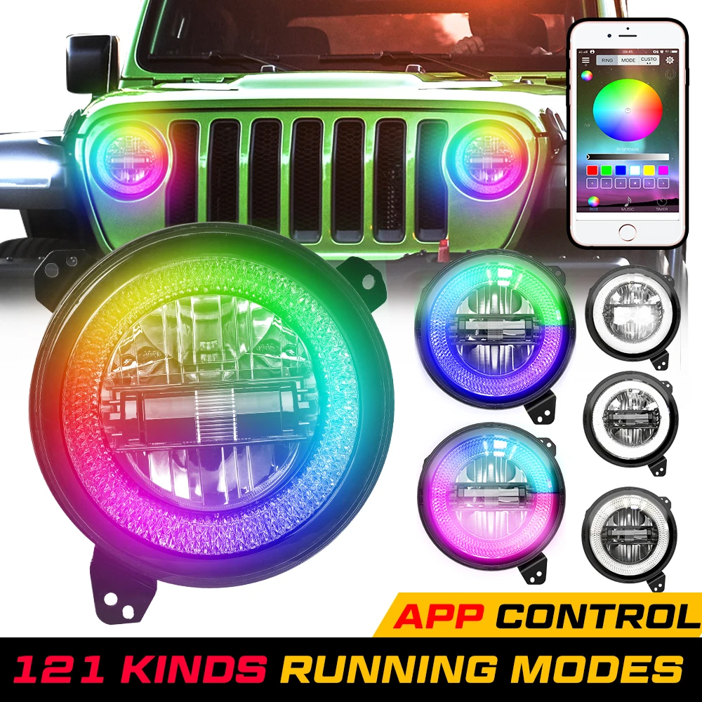Latest 9inch Diamond LED headlight With RGB A Variety of Colors Controlled by APP Hi/Low Car LightFor Jeep Wrangler JL 2018 2019