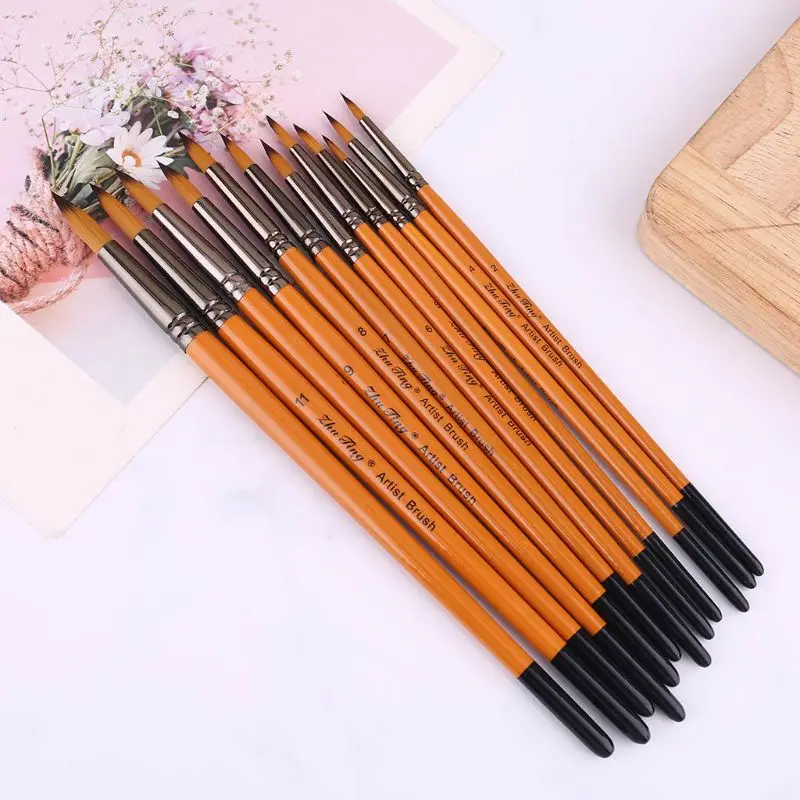 12 шт. Профессиональные кисти для рисования набор нейлоновых волосяных художник акварель акрил, гуашь