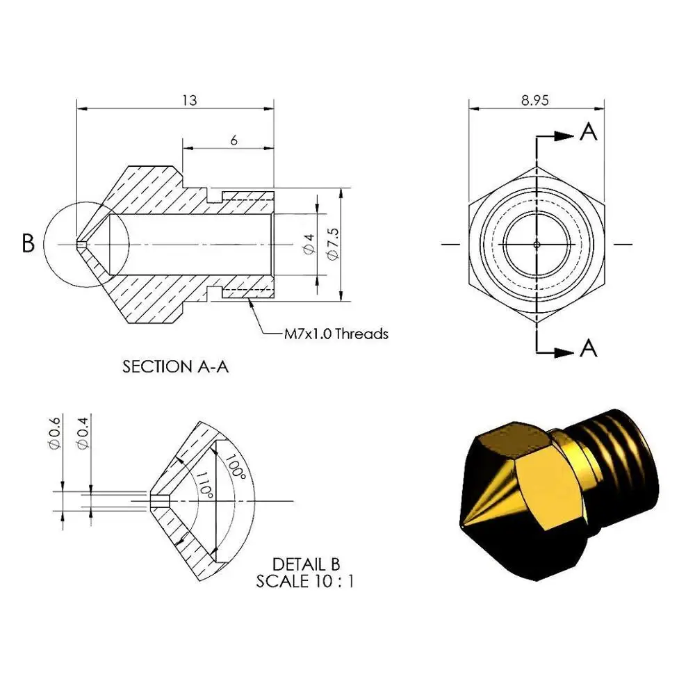 10 stücke MK10 M7 Extruder Düse 0,4mm/1,75mm Messing Extruder Druckkopf für 3D Drucker Wanhao Dupicator d4/I3/Dremel QIDI Makerbot