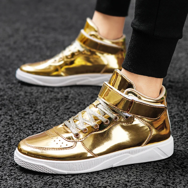 Fashion Golden Men\'s Mirror Shoes Couple Glitter Leather Men High Sneakers Large Size 48 Casual Sneakers Men Flats basket homme