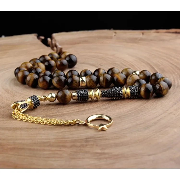 33 Beads Tiger Eye Muslim Prayer Tasbih Misbaha Islamic Jewelry Subha Capsule Cut Tassel 925 Caliber Silver