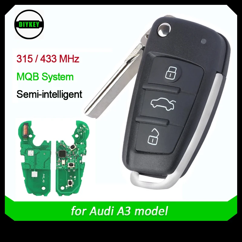 DIYKEY MQB Semi Intelligent Modified Folding Flip Remote Smart Car Key Fob 3 Button 315Mhz 433Mhz ID49 Chip A6L Use for Audi A3