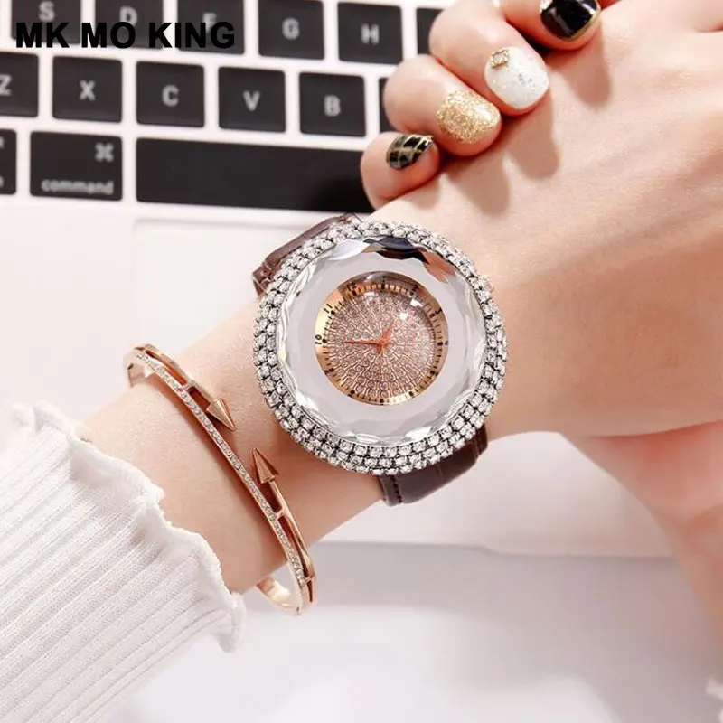 

Luxury Brand Women's Large Dial Rhinestone Clock Ladies Casual Leather Quartz Watch Bracelet Clock Montre Femme Relojes