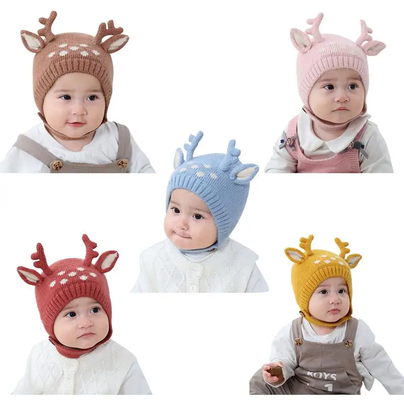 1pc Cute Cartoon Christmas Baby Hat Unisex Windproof Warm Reindeer Decor Beanie Hat Earflap Hats Clothing Accessories For Kids