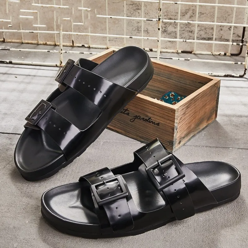 Open Mens Slippers Summer Outside Toe Slip On Platform Genuine Leather Shoes Fashion Leisure Gladiator Sandal Men Buckle Slides