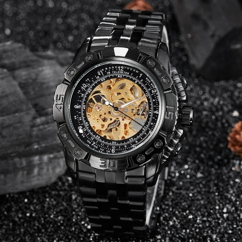 Luxury Automatic Mechanical Watch Men Black Silver Gold Full Steel Skeleton Wristwatch Male Big Dial Business relogio masculino