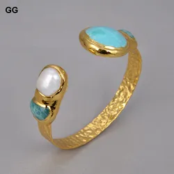 GuaiGuai Jewelry Natural White Pearl Green Amazonites Gold Color Plated Bangle Bracelet For Women Vintage Style