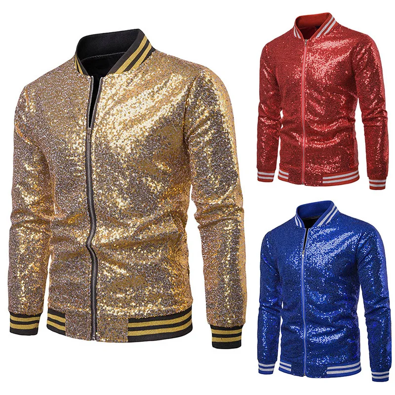 

Shiny Gold Sparkle Sequin Jacket Men Nice Hip Hop Streetwear Baseball Jackets Coats Mens Nightclub DJ Stage Party Veste Homme