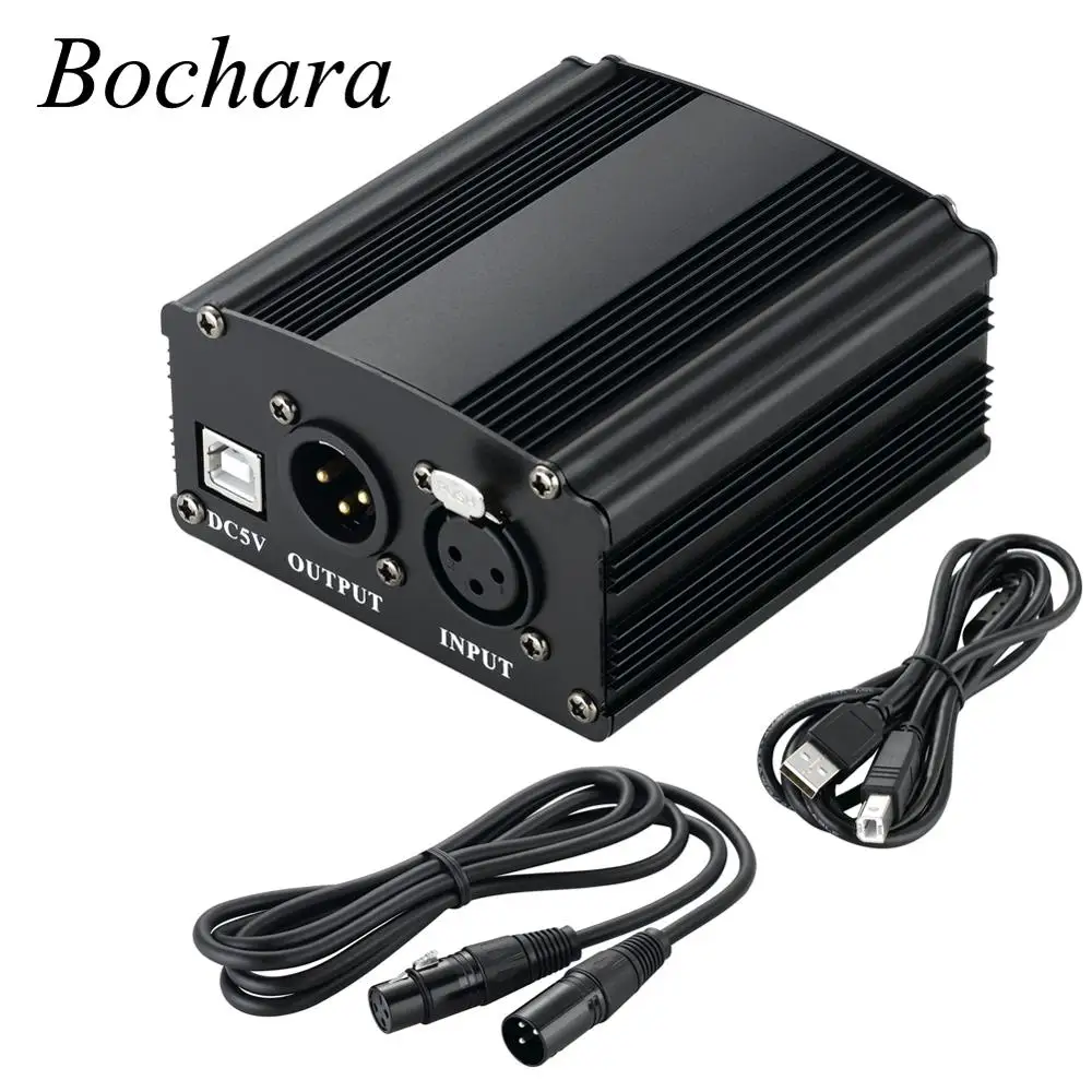 Bochara 48V Phantom Power Supply With USB Cable+XLR Male to Female Cable For Condenser Microphone Music Equipment