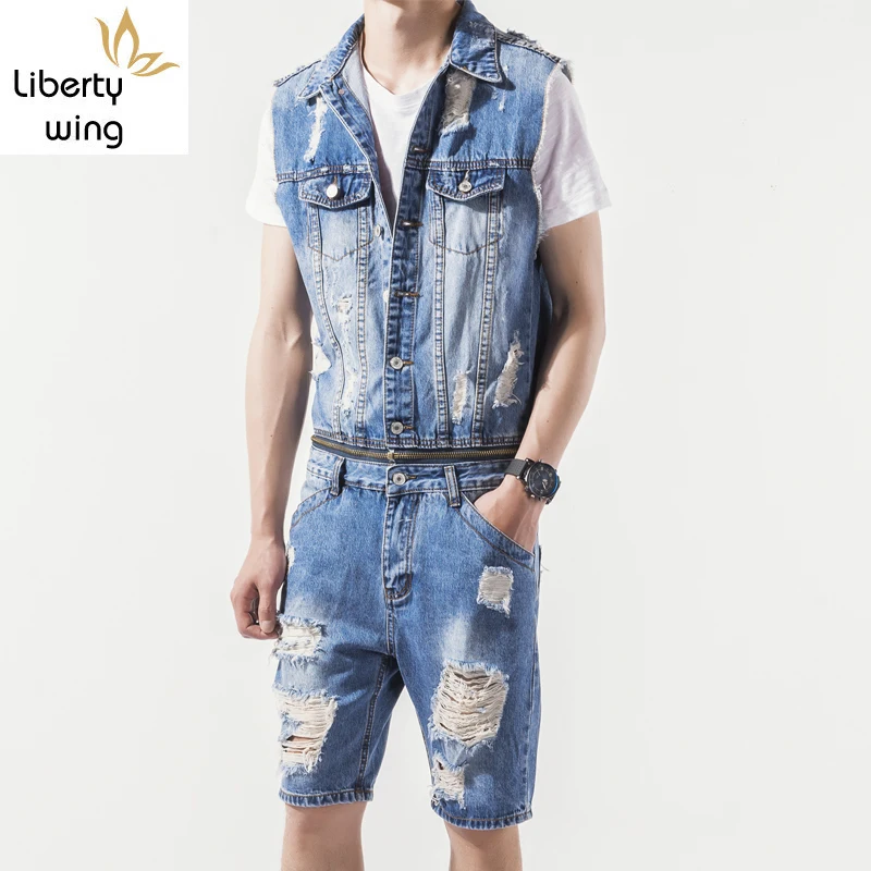 

Summer Men Denim Hole Ripped Overalls Sleeveless Short Jumpsuit Fashion Jeans Male Single Breasted Shorts One Piece Romper