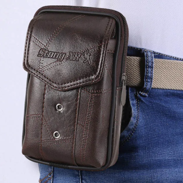 

Men Fanny Pack Black Brown PU Leather Zipper Mobile Phone Bag Coin Purse Burses Good Quality Bags Casual Waist Packs Man Purses