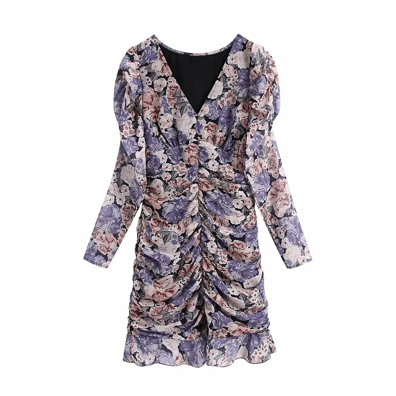 

Evfer Women Spring Autumn Vintage Floral Print Hm Purple Mini Dresses Female Fashion Cascade Pleated Ruffles Chiffon Dress Chic