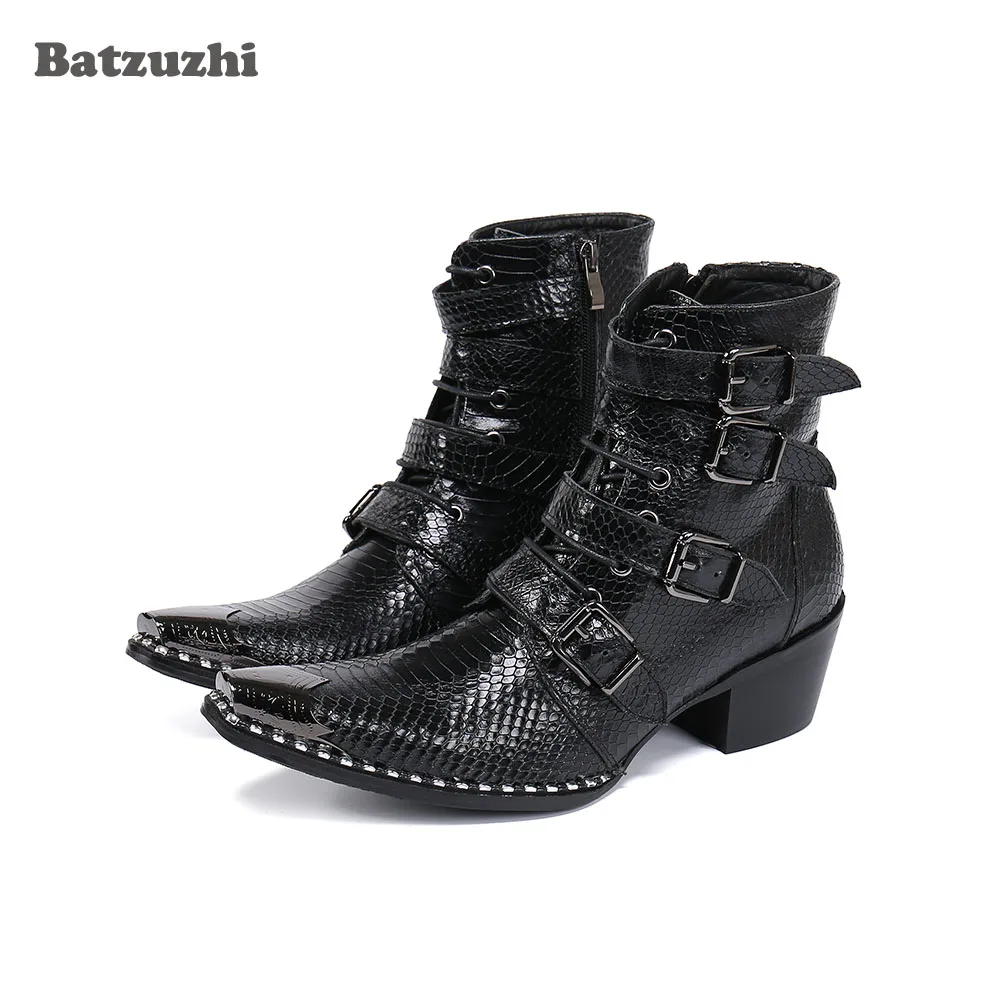 Batzuzhi 6.5cm High Heels Western Cowboy Men's Boots Black Pointed Toe Leather Short Boots Men Buckles Motorcyle/Biking Botas