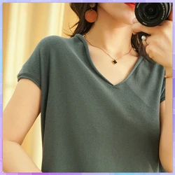 Solid Women's Cotton Linen Tee Shirt Short Sleeve Top Loose Tshirt Casual V-neck T-shirt Knitted Tops Female Summer T-shirts