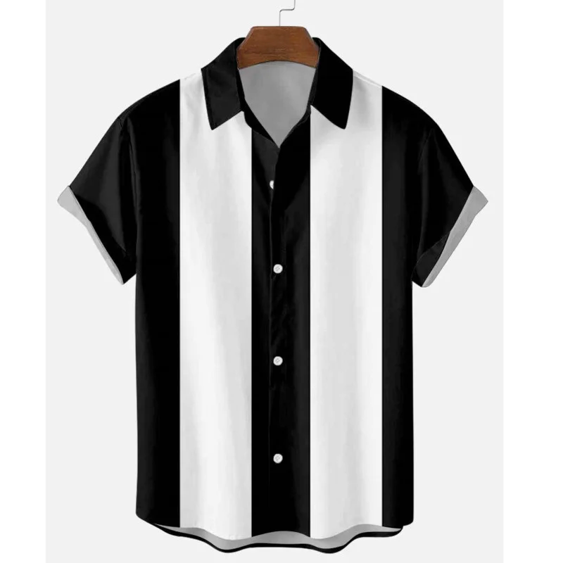 Men\'s 50s Shirt Vertical Striped Shirts for Men Button Up Shirts Short Sleeve Blouse Plus Size S-6XL Mens Bowling Dress Shirts