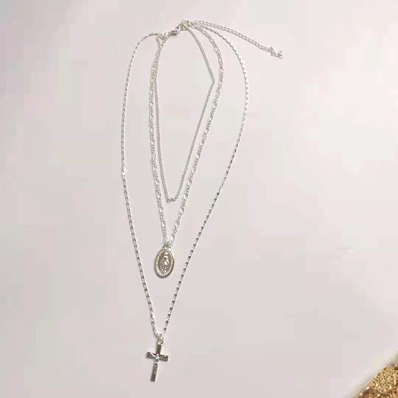 Three layer Necklace Oval-shaped Virgin Mary Madonna Pendant Jesus Cross  metal plated Chain Women Gift