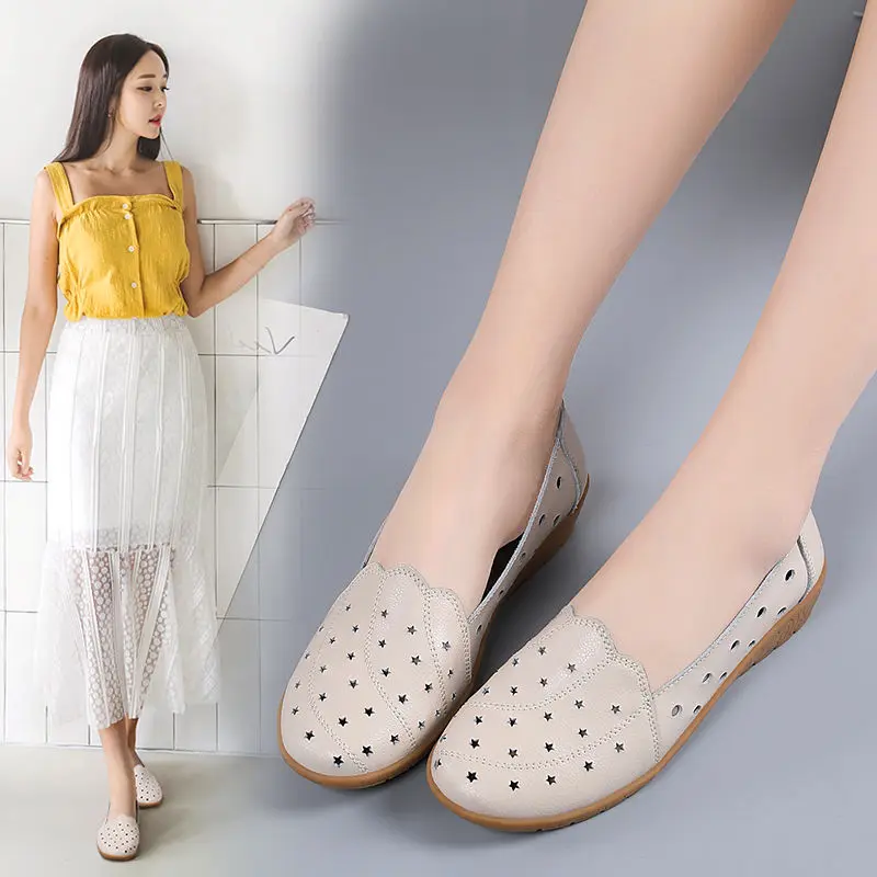 Genuine Leather Shoes For Women White Loafers Summer Clssic Style 2020 Nurse Shoes Woman Leather Flats