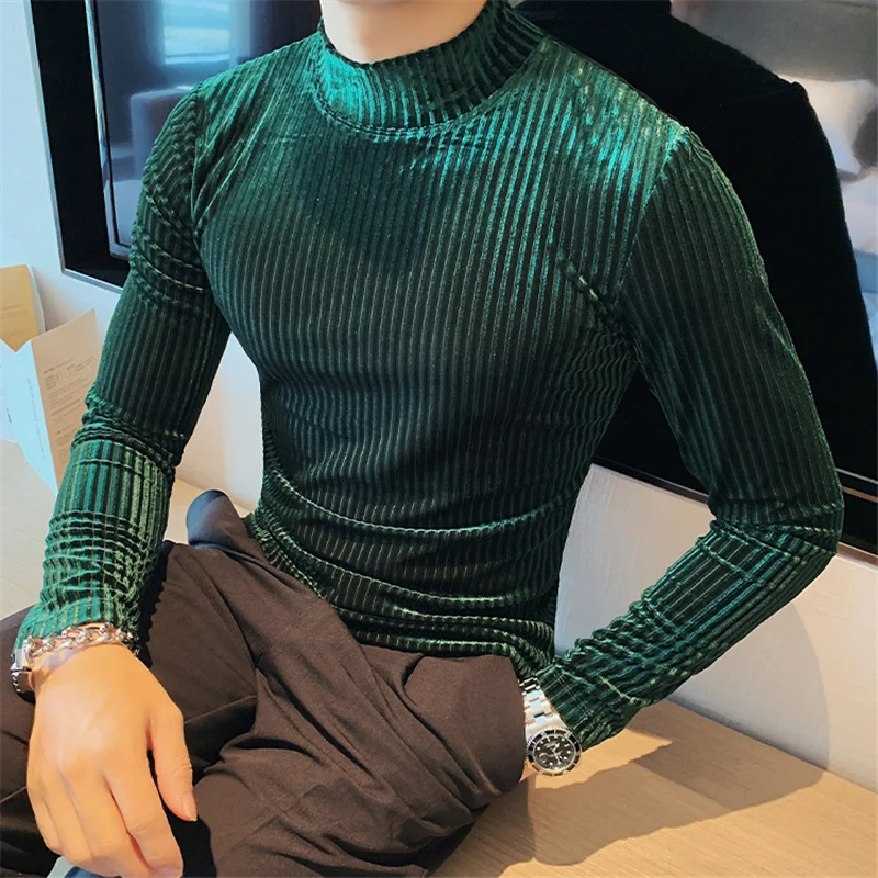 Autumn Winter Half Turtleneck Velour Under T Shirt Men Long Sleeve Casual Stripe Slim Fit Tops Tees Men Fashion Social T Shirt