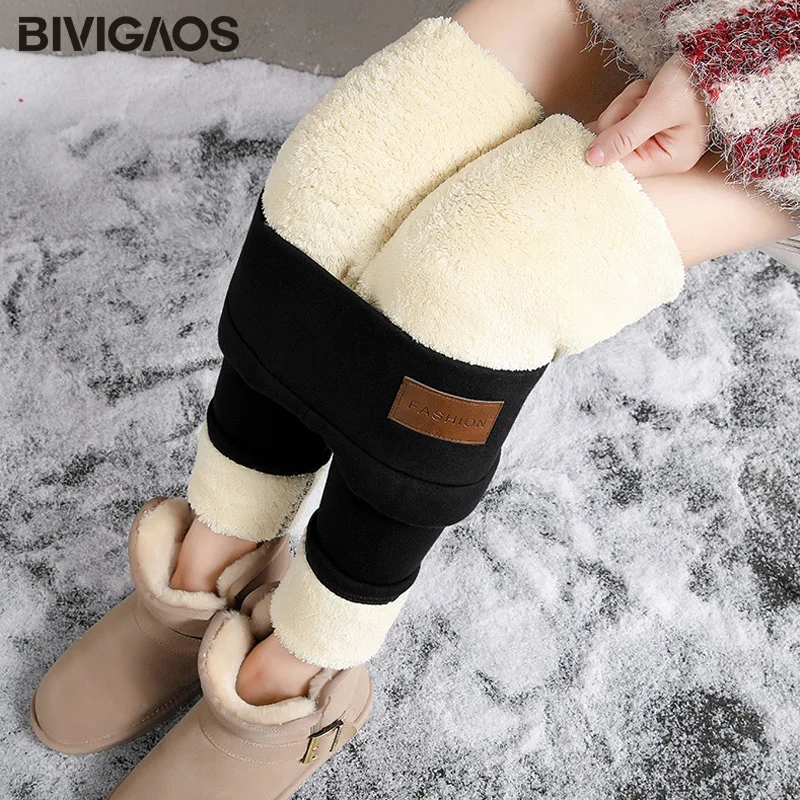 BIVIGAOS – Leggings chauds en cachemire pour femme, pantalon d\'hiver en velours épais, taille haute, étiquette à la mode, noir