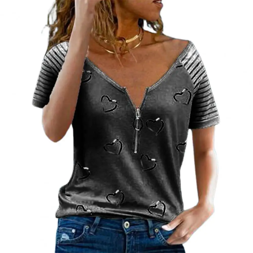 T-shirt da donna estiva calda T-shirt a maniche corte con cerniera scollo a V a righe con stampa a cuore T-shirt da lavoro