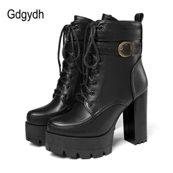 Gdgydh 2022 Russian Hot Sales Women Shoes Thick Platform High Heel Female Ankle Boots Round Toe Lace up Zipper Motorcycle Boots