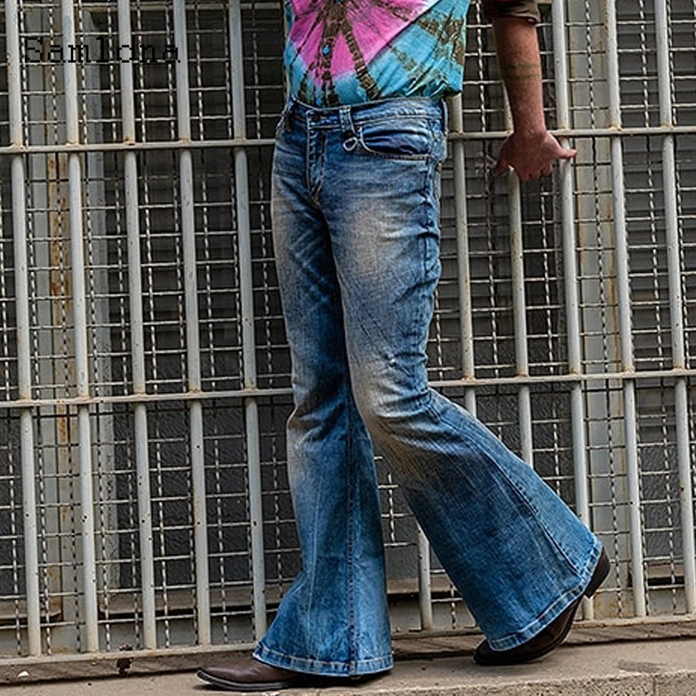 Samlona 2023 New Western Style Mens Sexy Jeans Demin Pants Slim Bottom Classic Fashion Denim Trousers Patchwork Flare Pants Men