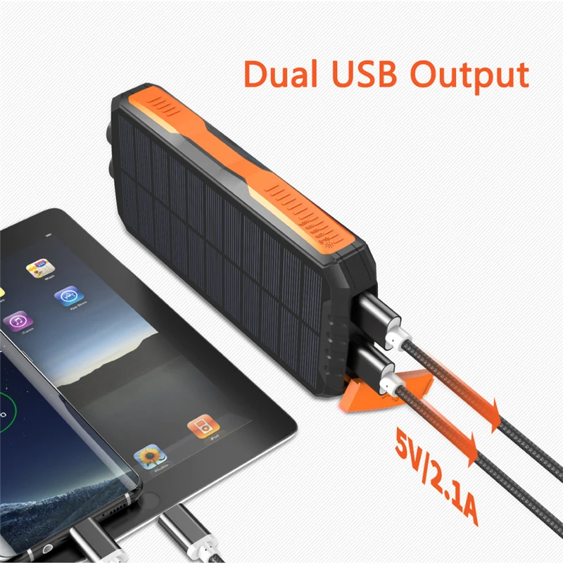 Portátil de energia solar carregador dual usb tipo c impermeável sos led luz powerbank para iphone 15 14 ipad telefone móvel 25000mah