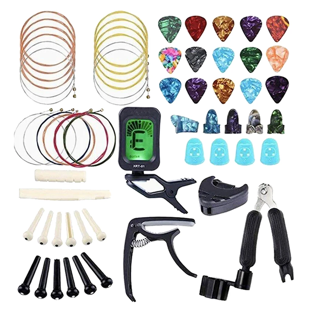 64Pcs Gitaar Snaren Veranderende Accessoire 16 Plectrums Gitaar Tuner Spelen Tool Gitaar Capo Gitaar Spelen Onderhoud Tool