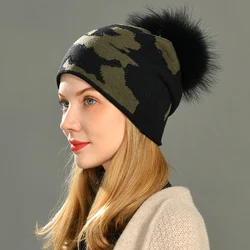 Jxwatcher Wool Beanies Hat Women Real Raccoon Fur Pom Pom Hats Girls Female Wool Knitted Beanie Warm Winter Hats with Rhinestone