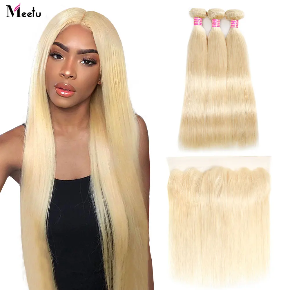 

613 Bundles With Frontal Brazilian Human Hair Bundles With Frontal Remy Straight Blonde Bundles With Hd Lace Frontal Closure