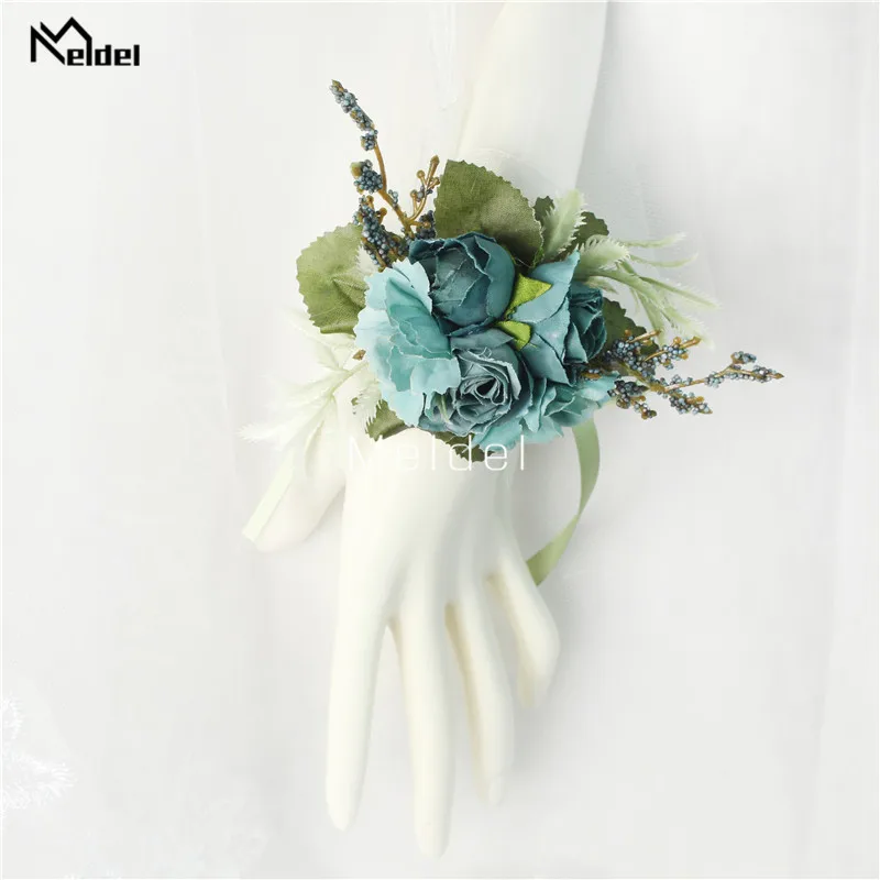 Meldel Boutonniere Wrist Corsage Wedding Bridesmaid Bracelet Men Boutonniere Girl Wrist Corsage Flower Silk Red Rose Boutonniere