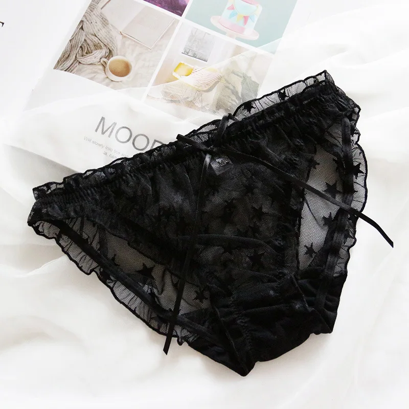 Sexy Mesh Lace Transparent Ruffle Women Underwear Star Print Soft Thin Girl Panties Low Waist Cute Lovely Sweet Female Breifs