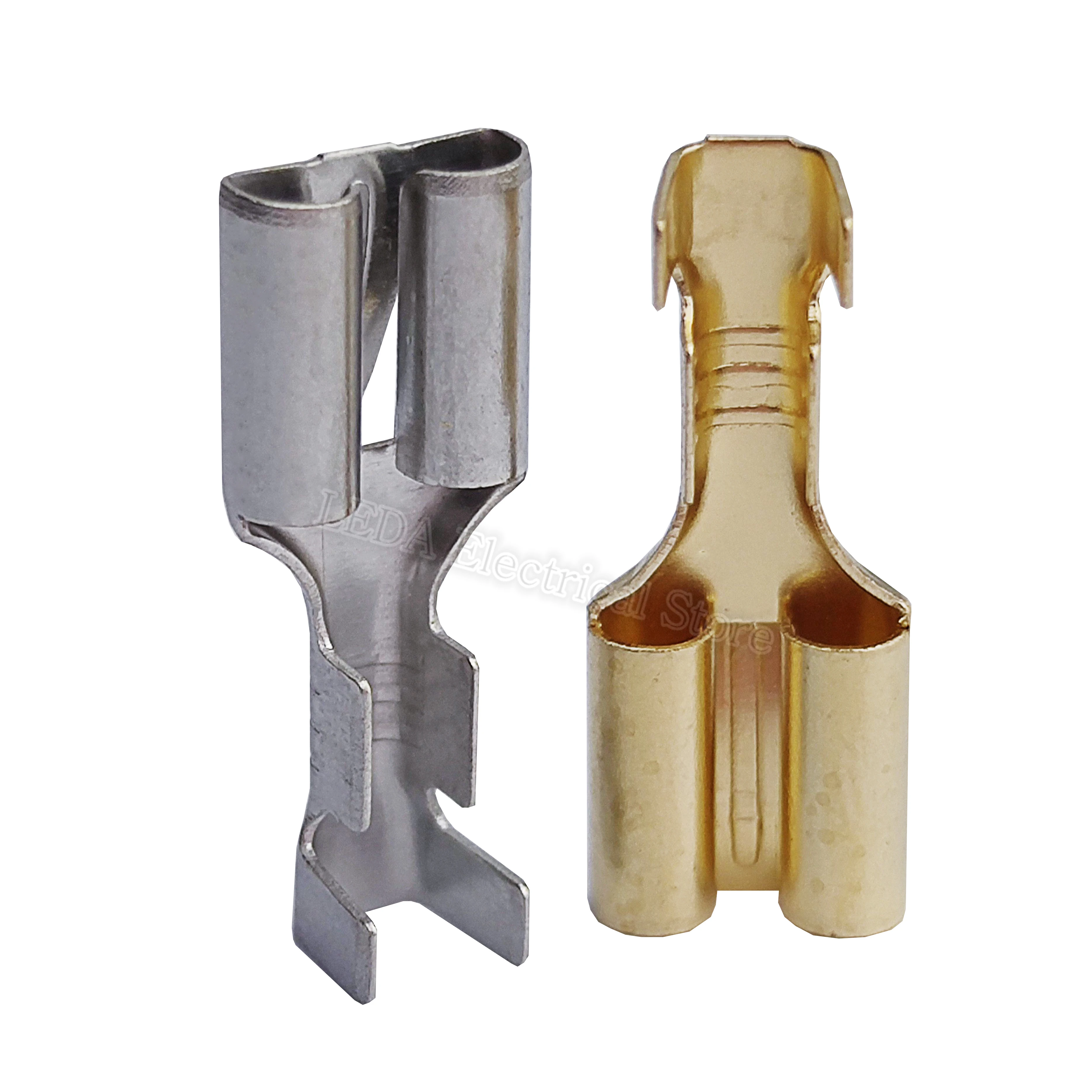 100Pcs DJ623-E6.3B Type 250 Cold Pressed Brass 6.3mm Spring Flat Plate Barbed Plug Terminal Connector