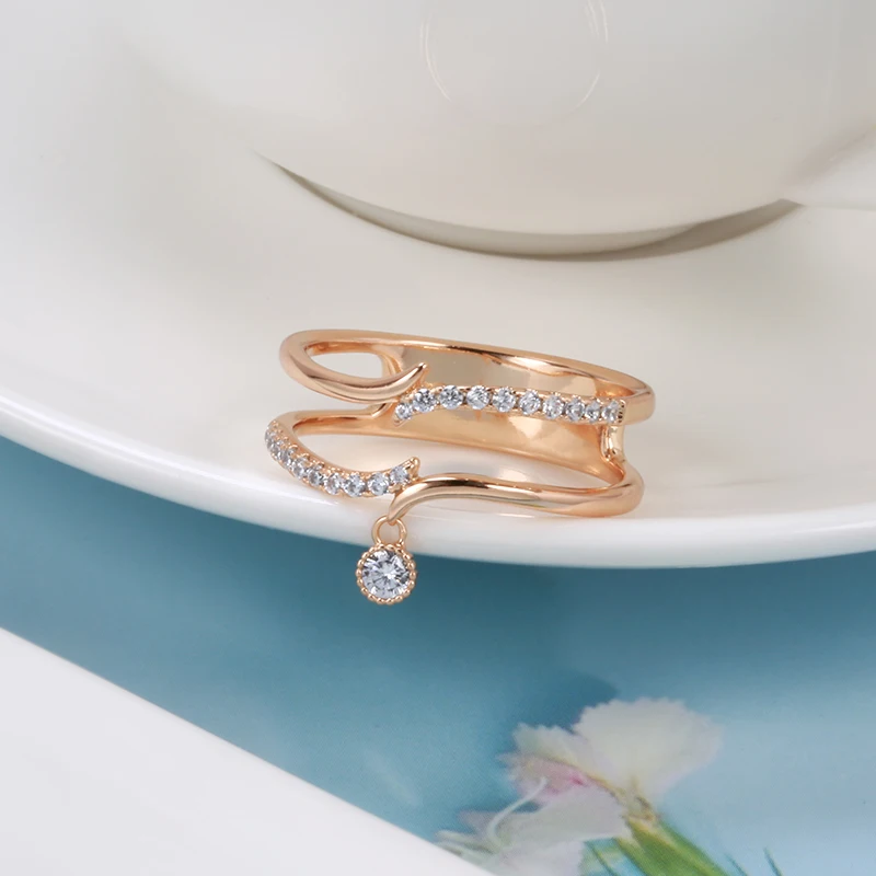 Kinel Hot 585 Rose Gold Ring Fashion Wedding Jewelry 2021 Micro Wax Inlay Natural Zircon Geometry Ring Women Fine Jewelry