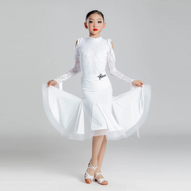 Children Ballroom Dance Dress Girls White Lace Competition Costume Long Sleeve Two-Piece Tango Standard Dancing Clothes VDB6420