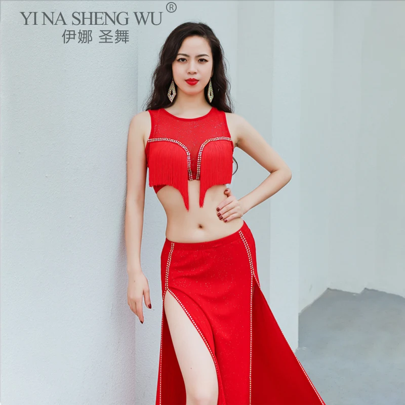 Belly Dance Suit Sexy Sleeveless Tassel Tops Split Long Skirt Profession Performance Clothing Woman Shirt Practice Clothes Set