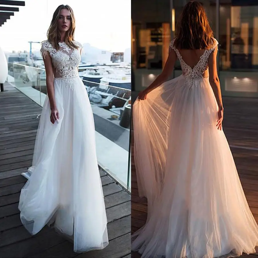 

O Neck Cap Sleeve Wedding Dress Lace Applique Beach Elegant Bridal Dresses Bohemian Style noivas vestidos de noiva Floor Length