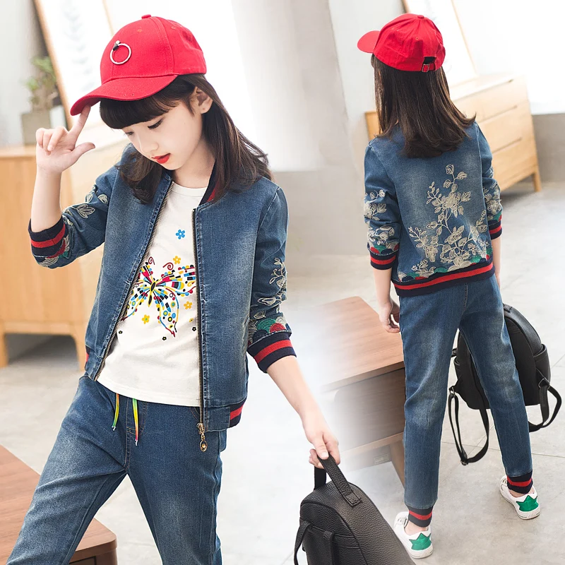 

Original Design Girls Denim Clothing 3 Pcs Set Children's Spring & Fall Suit New Teenager Kids Flowers Embroideried Clothes P370