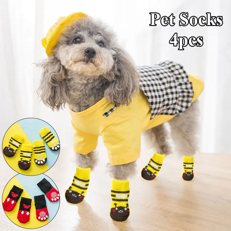 4pcs/set Cute Pet Dog Socks Warm Anti-Slip Dogs Indoor Boots Socks Knitted Pet Puppy Shoes Sock Chihuahua Shoes Paw Protector