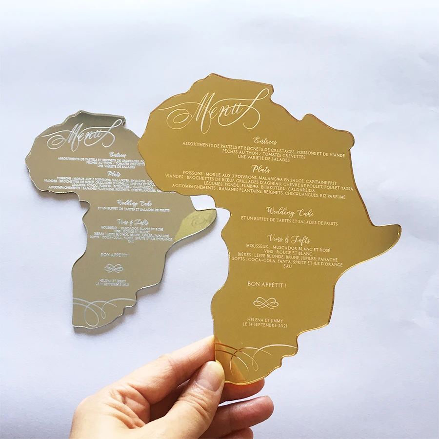 20pieces Per Lot Customized Africa Map Shaped Golden Mirror/Silver Mirror Acrylic Wedding Menu Cards with Engraved Letters