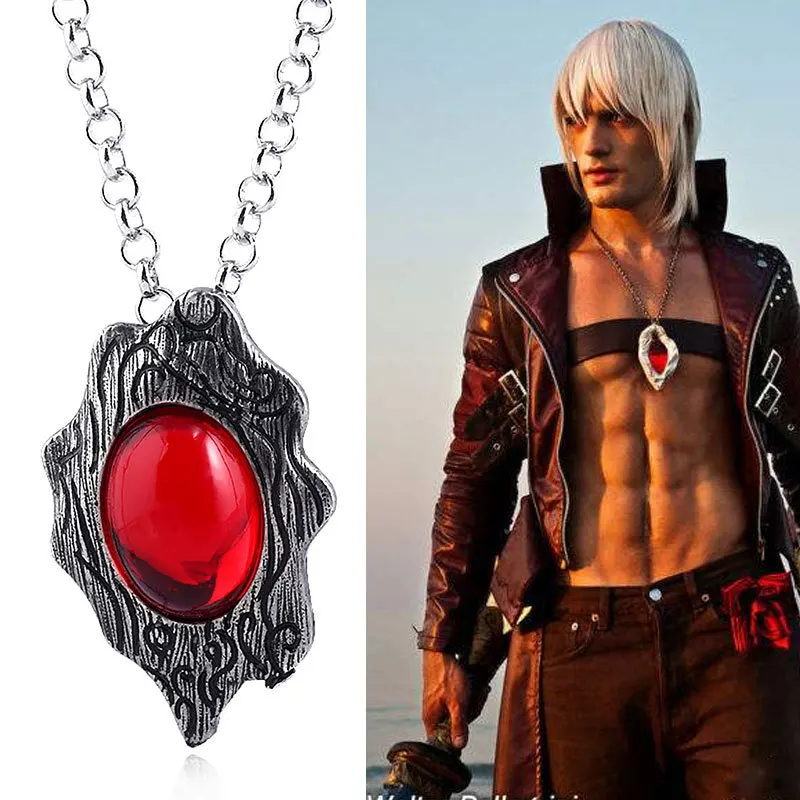 Cosplay Jewlery Pendant Necklace Halloween Kids Gifts DMC Dante Cosplay Accessory Chain Necklace Red Stone Pendant Alloy