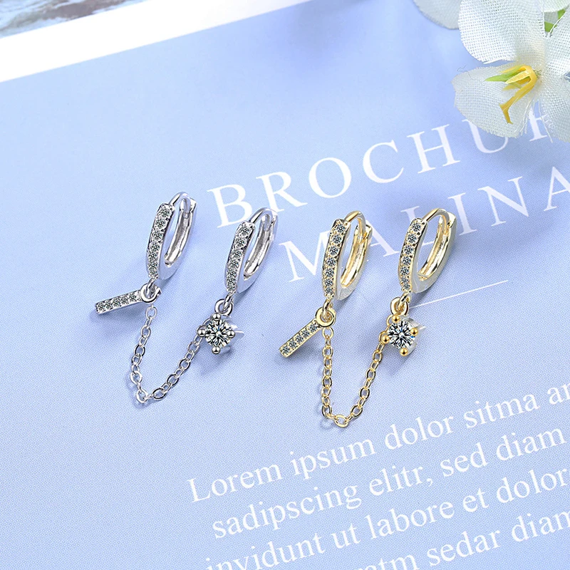 Double Ear Hole Hoop Earrings Bohemia Two Hoops Connected With Chain Crystal Stud Charming Female Earring Piercing Jewelry Gifts