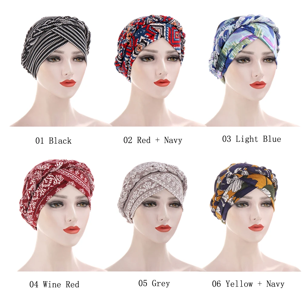 Muslim Turban Bonnet For Women Flower Printed Braid Inner Hijabs Indian Wrap Hijab Underscarf Caps Muslim Headdress Accessories